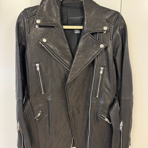 Club Monaco Collection Black Leather Moto Jacket Size SP - Picture 4 of 7